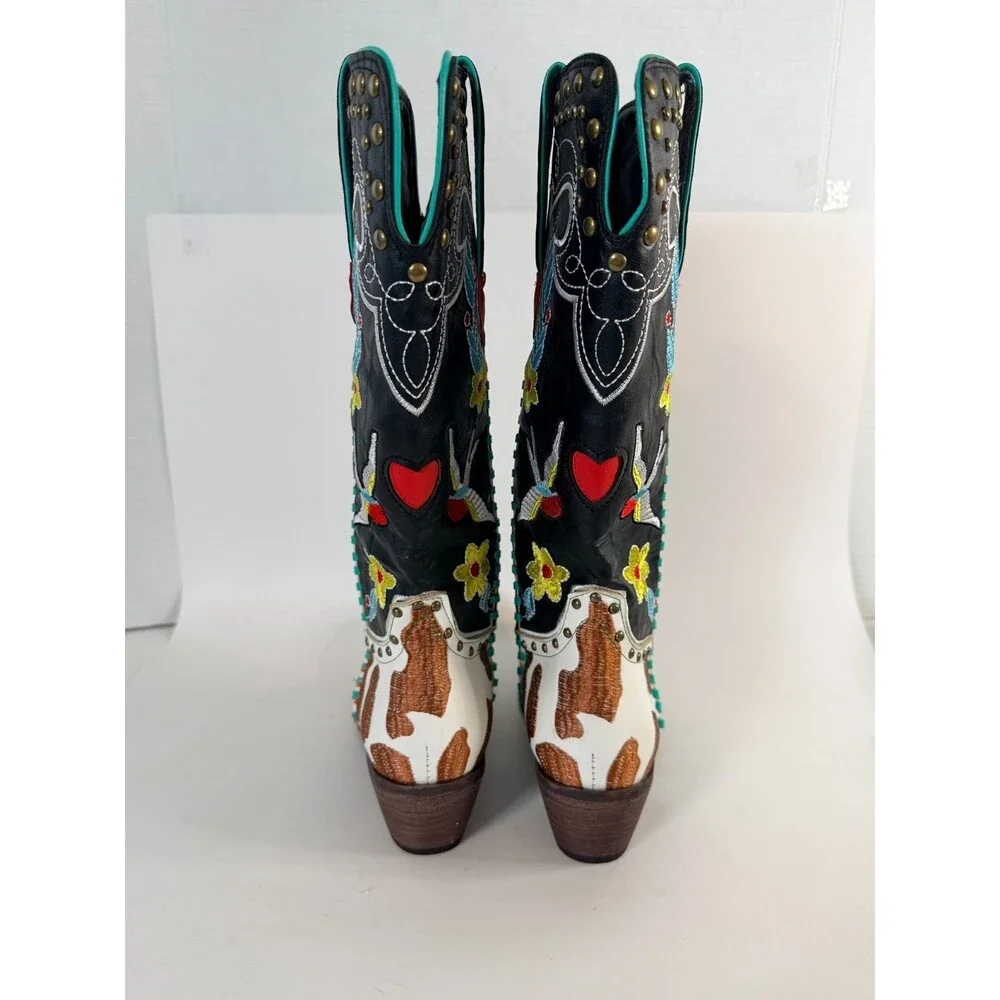 Embroidered Turquoise Cowhide Floral Snip Toe Western Cowgirl Boots Sz37 US 6.5